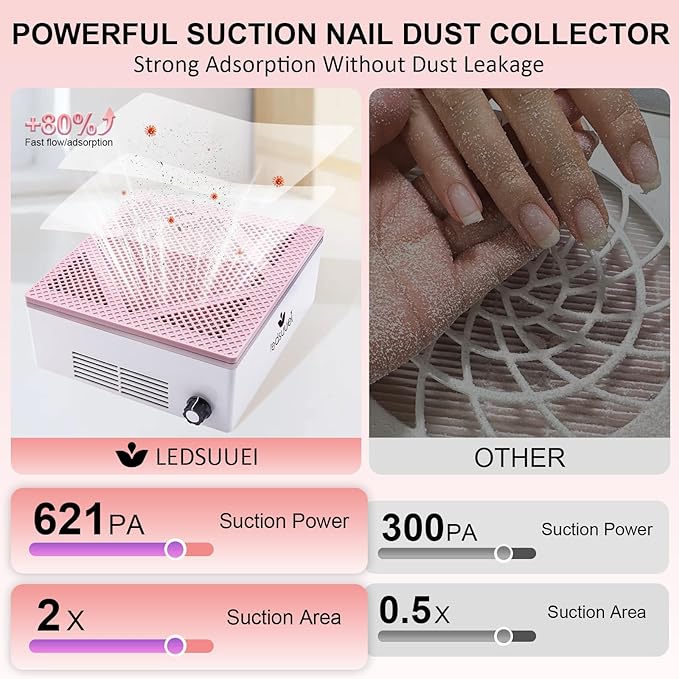 Nail Dust Collector LEDSUUEI: 80W Vacuum Fan Vent Dust Collector Nail Tech with Reusable Filter Adjustable Nail Vacuum Dust Collector Electric Dust Suction Machine, Acrylic Gel Nail Polishing Removal