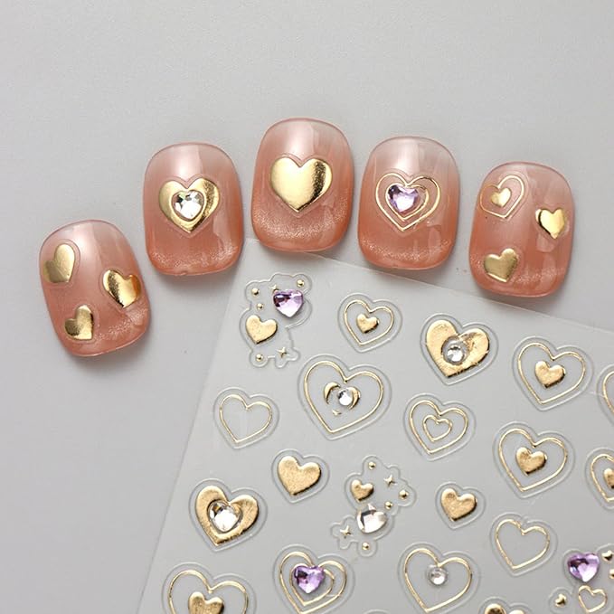 Heart Star Nail Art Stickers Decals, Gold Silver Nail Stickers,Shiny Hollow Love Stars with Diamond Nail Sticker 3D Kawaii DIY Crafts Acrylic Nails Decor for Women Nail Art Supplies 4PCS