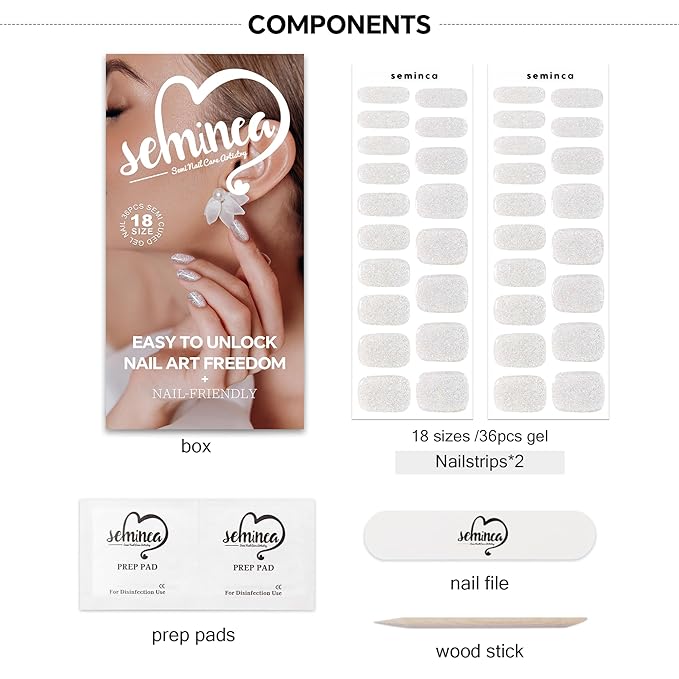 Semi Cured Gel Nail Strips-Works with Any UV/LED Lamps(Gleam Silver)