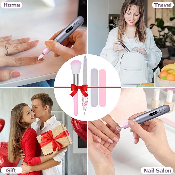 Electric Nail Files Cordless, Professional Nail Drill LCD Display with 12 Bits 30000RPM Rechargeable Manicure Pedicure EFile for Gel Nail Polish Acrylic Nails Thick Toenails Removal, Grey Pink