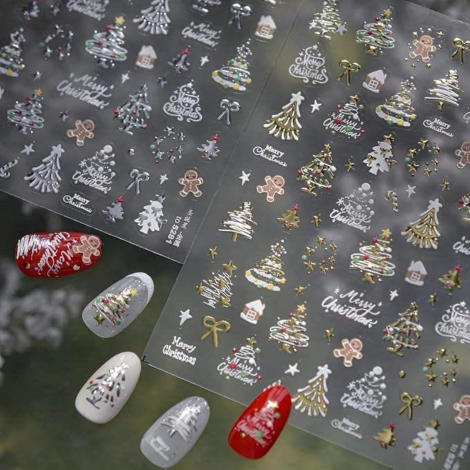 2 Sheets Christmas Nail Art Stickers 5D Embossed Nail Decals Silver Gold Star Bow Gingerbread Man Christmas Tree Nail Stickers Christmas Nail Supplies for Women Girls DIY Manicure Decorations