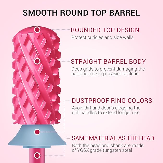MelodySusie Safety Nail Drill Bits, 3/32'' Smooth Round Top Large Barrel Carbide Bits, Suitable for Manicure Pedicure Cuticle Gel Polishing, Beginners Bits, Pink Blossom, Series Bit-S, 4XC
