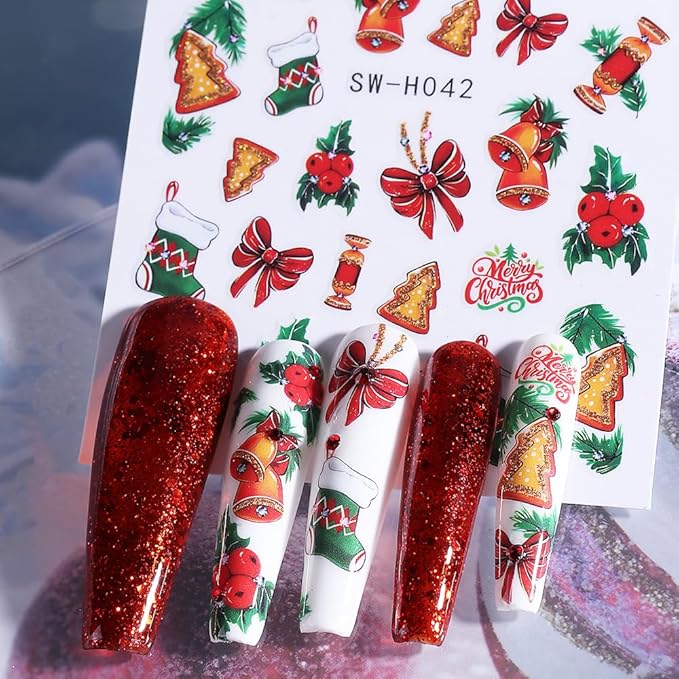 6Pcs Christmas Nail Stickers Red Bow Socks Little Bell Fruit Nail Decals DIY Self Adhesive Santa Claus Gold Tree Fireworks Design Nail Decoration Supplies Holiday Manicure Accessories for Women Girls