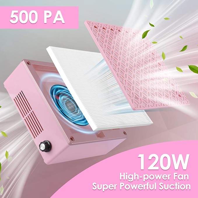 Nail Dust Collector Dust Collector Machine Reusable Filter & Powerful 120W (Pink, Adjustable Speed Version)