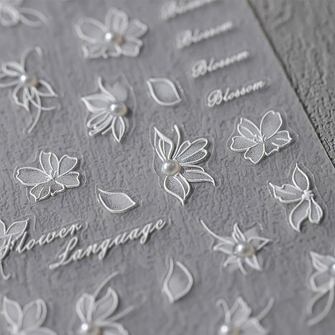 Flower Nail Stickers White Nail Art Stickers Pearl Floral Nail Decals Self-Adhesive 5D Embossed Nail Decals for Women Girls Acrylic Nails Manicure DIY Nail Supplies