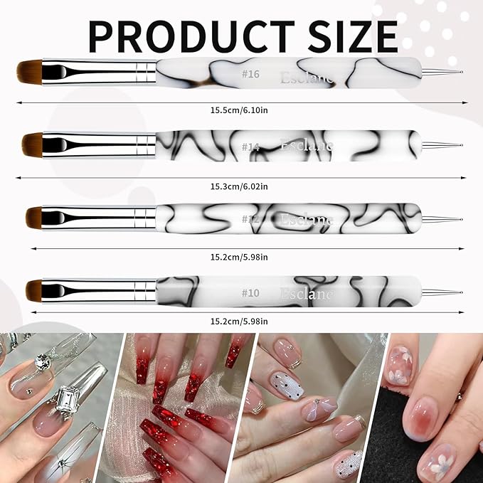 French Manicure Brush, Esclane 2 Way French Nail Brush with Dotting Tool for Manicure Cuticle Clean Up Nail Art Design, French Tip Brush (White, #10)