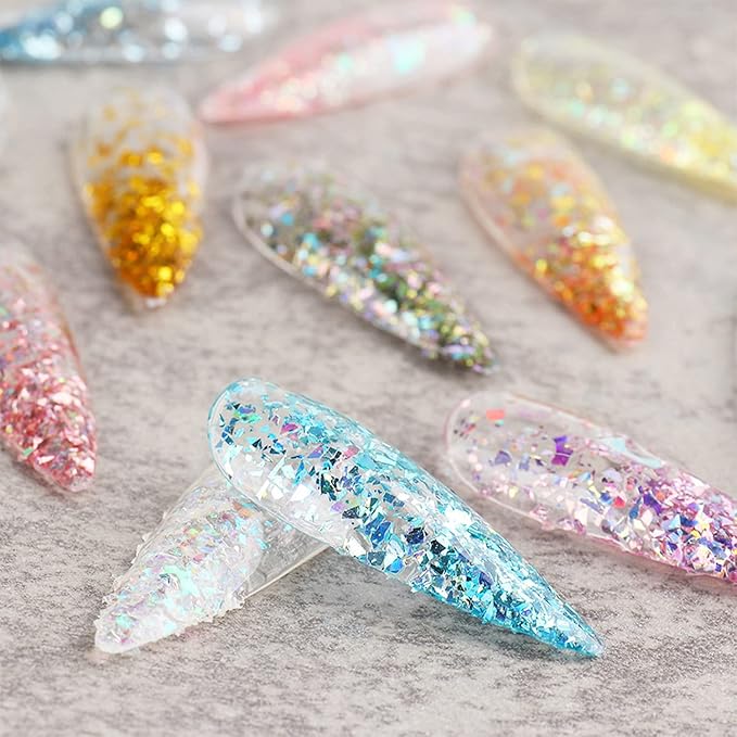 12 Colors Glitter Art Sequins, Holographic Irregular Sparkly Flakes Designs, 3D Laser Ultra-Thin Shiny Acrylic Nail Supplies for Women Girls Manicure Charms Decorations, Crafts