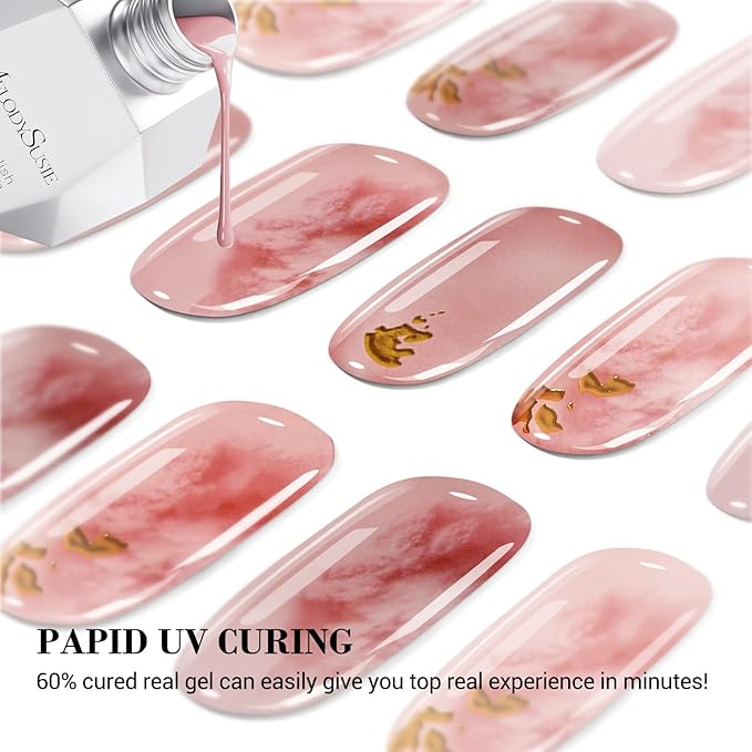 MelodySusie Semi Cured Gel Nail Strips (Pink Jelly Shading), Works with Nail lamp, Salon Quality, Long Lasting, Easy to Apply and Remove, Includes 20Pcs, 2 Prep Pads, Nail File and Wooden Stick