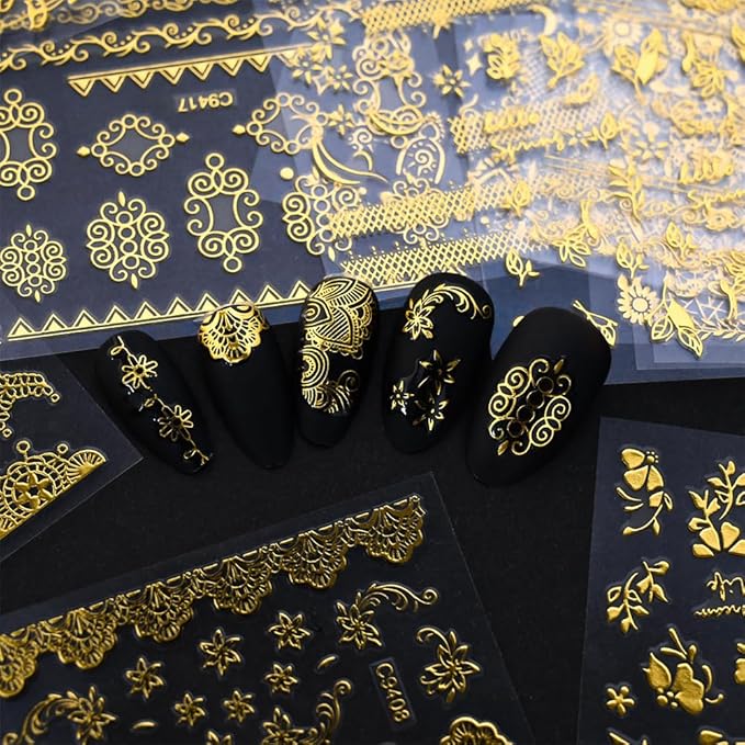 30 Sheets Gold Nail Art Stickers 3D Self-Adhesive Gold Lace Cat Flower Star Moon Heart Nail Decals 3D Gold Retro Hollow Nail Stickers Nail Art Design for Women DIY Acrylic Nails Decoration