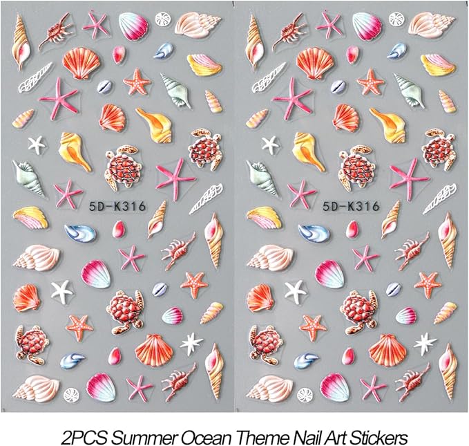 2pcs Summer Nail Stickers Starfish Seashell Turtle 5D Acrylic Engraved Nail Decals Ocean Theme Self-Adhesive Sliders Beach Nail Stickers for Women Girl Manicure Decoration Nails Supplies
