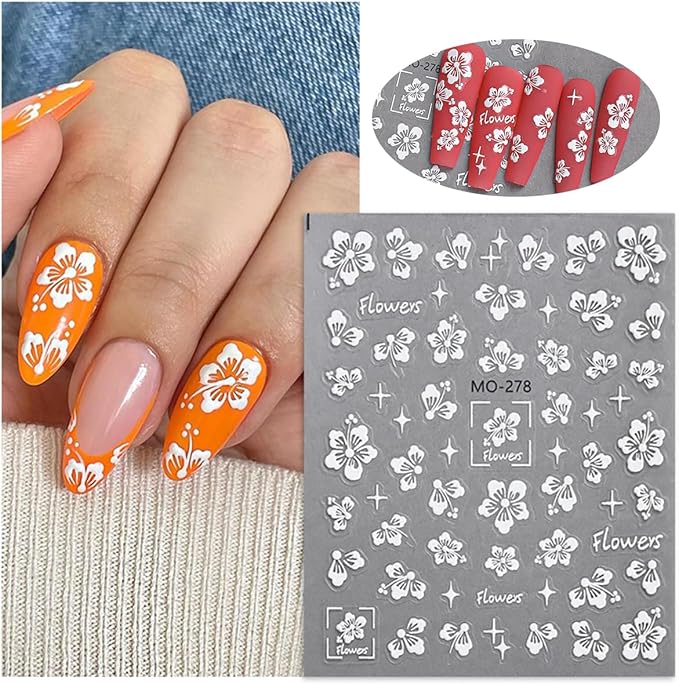 6Sheets Hibiscus Flower Nail Stickers, 3D Self-Adhesive Nails with Luxury Rhinestones - Blue Pink Nail Set Supplies for Women