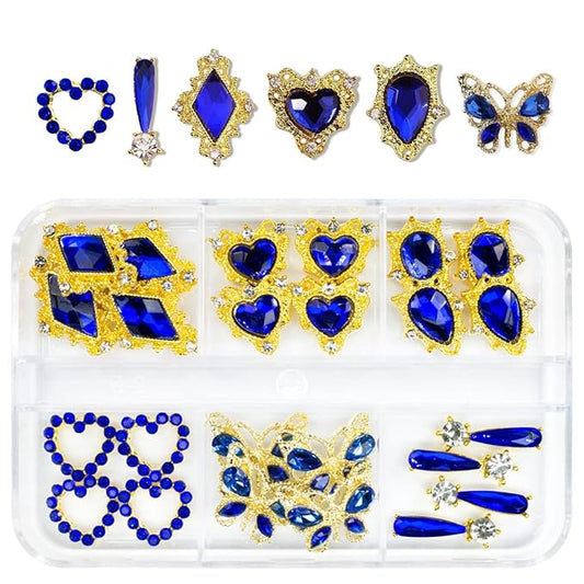 24pcs Blue Nail Rhinestones Luxury Nail Charms Sapphire Heart Charms for Nails 3D Big Royal Blue Nail Gems Crystals Diamonds Jewelry Stones Alloy Nail Art Studs Nail Art Decor for Arylic Nails Crafts