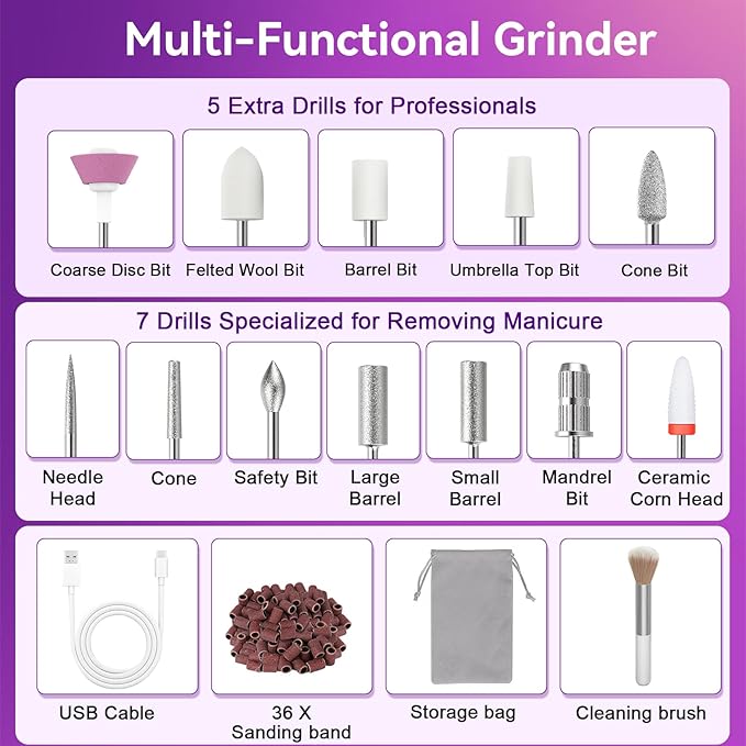 Nail Drill Electric File: Professional for Acrylic Gel Powder Nails Portable Nail Drill for Manicure Pedicure Nail Efile 5 Speeds 12 in 1 with LED Display Rechargeable, Grey