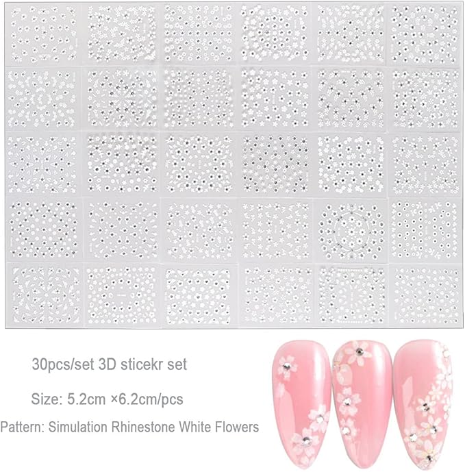 Flowers Nail Art Stickers 3D Self Adhesive Nail Art Supplies White Flower Stickers with Rhinestones Nail Design Floral Blossom Nail Decals for Nails Decorations Manicure Accessories 30Sheets