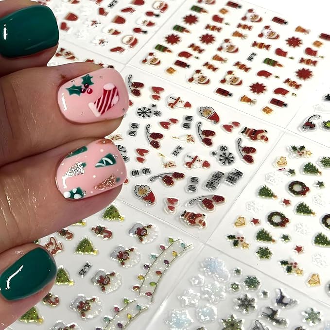 30 Sheets Christmas Nail Stickers Snowflake Snowman Nail Decals 3D Self-Adhesive Elk Gingerbread Man Design Winter Nails Art Stickers for Women Holiday Manicure DIY