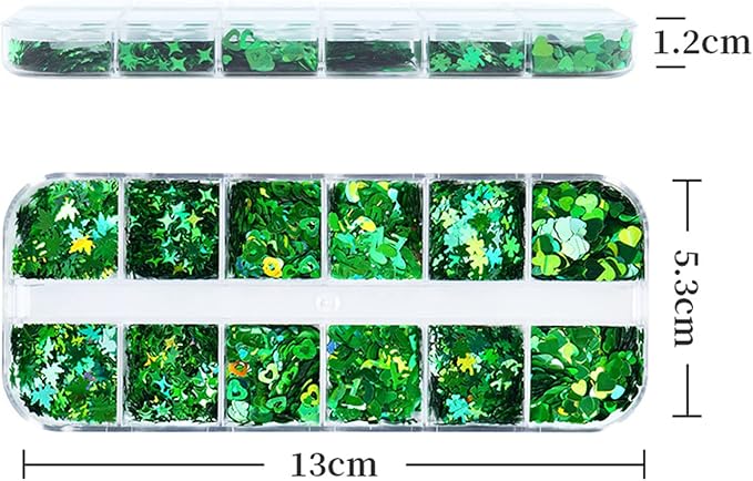Laser Green Glitter Nail Art Sequins, Holographic 3D Sparkly Flakes Decoration, Love Heart Stars Shamrocks Music Leaf Nail Art Design Supplies for Women Girls Manicure Charms Decorations DIY Crafts