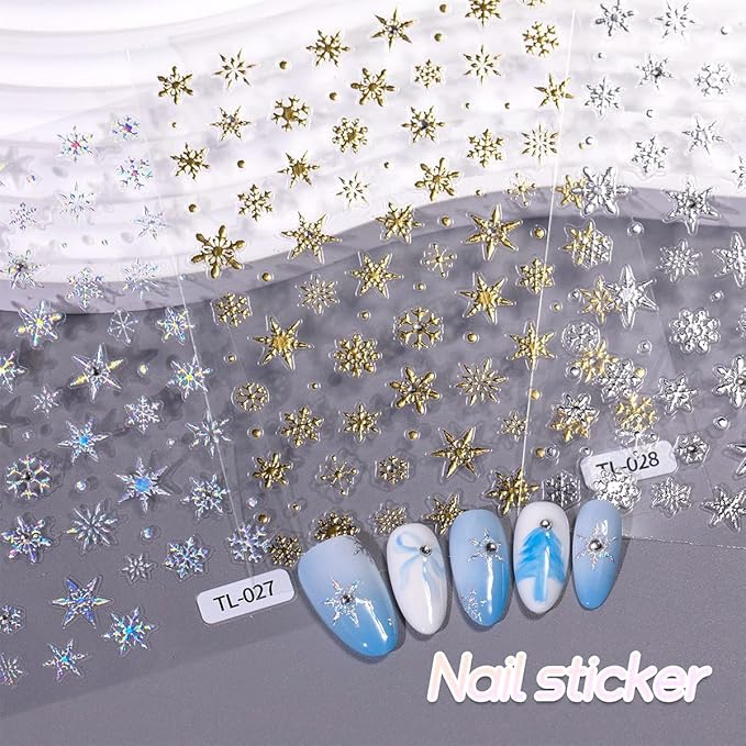 3 Sheets Christmas 5D Embossed Nail Art Stickers White Snowflake with Glitter Gems Nail Art Decals Gold Silver Laser Nail Design Stickers Winter Xmas Nail Stickers for Women DIY Manicure Supplies Kit