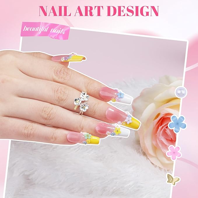 2 Boxes Colorful Flower Nail Charms and Gems, Pink Nail Flower Charms Metal Butterfly Crystal AB Clear Gemstones Silver/Gold Caviar Beads White/AB Pearls with Nail Chain for DIY Nails (5-S2-Mixed2)