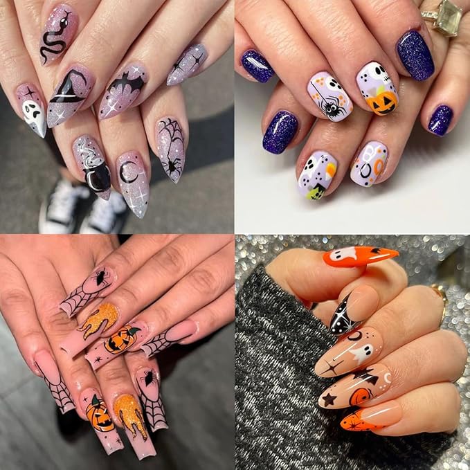 Halloween Nail Stickers for Nail Art 3D Cute Pumpkin Skull Ghost Nail Decals Spooky Design Witch Black Cat Gothic Nail Art Stickers Spider Web Halloween Nail Charms for Nail Decoration Supplies 8Pcs