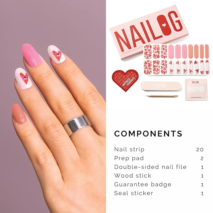 NAILOG Semi Cured Gel Nail Strips for Valentine's Day (20 Extra Long Stickers/Wraps) | Buy 2 Get 1 UV Lamp| Glossy & Long Lasting Soft Gel Finishing, Pink Gaze