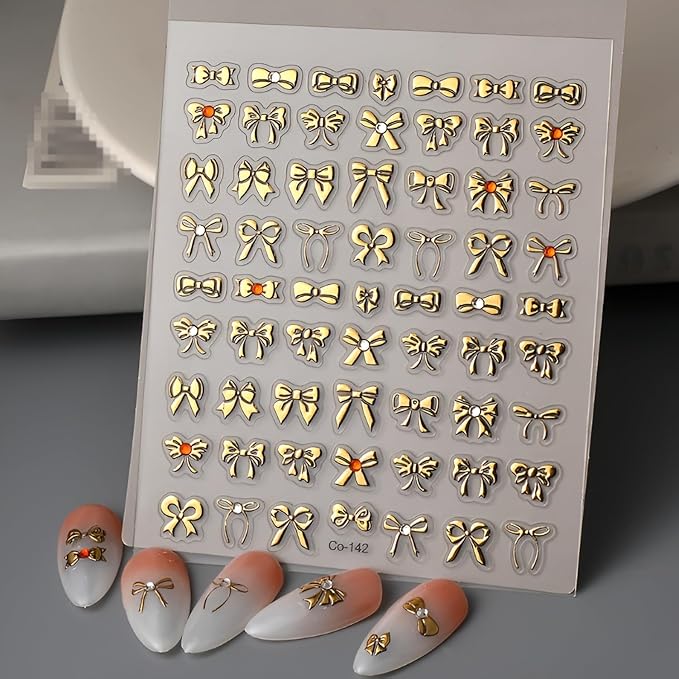 Gold Nail Stickers Gold Bow Nail Stickers for Nail Art 5D Self-Adhesive Nail Decals with Rhinestones Design Bow Nails Art Supplies Decoration Accessories for Women and Girls