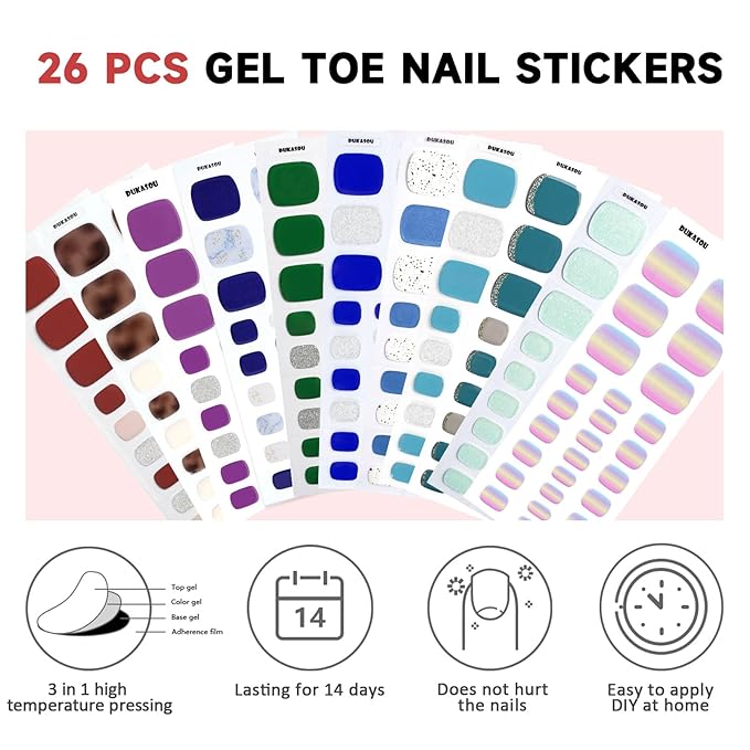 Semi Cured Gel Toe Nail Strips,26 Pcs Toe Nail Stickers Wraps for Holiday(Rainbow),Gel Strips UV Light Required,Easy to Apply
