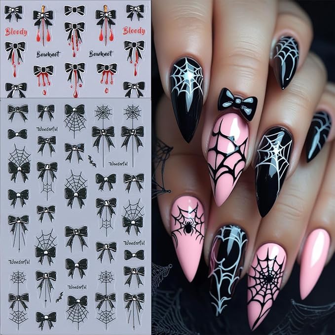 4 Sheets Halloween Nail Art Stickers Black Bow Spider Web Y2K Nail Decals 3D Self-Adhesive Bloody Drop Bowknot Nails Stickers Gothic Halloween Nails Decorations for Women Holiday DIY Manicure Supplies