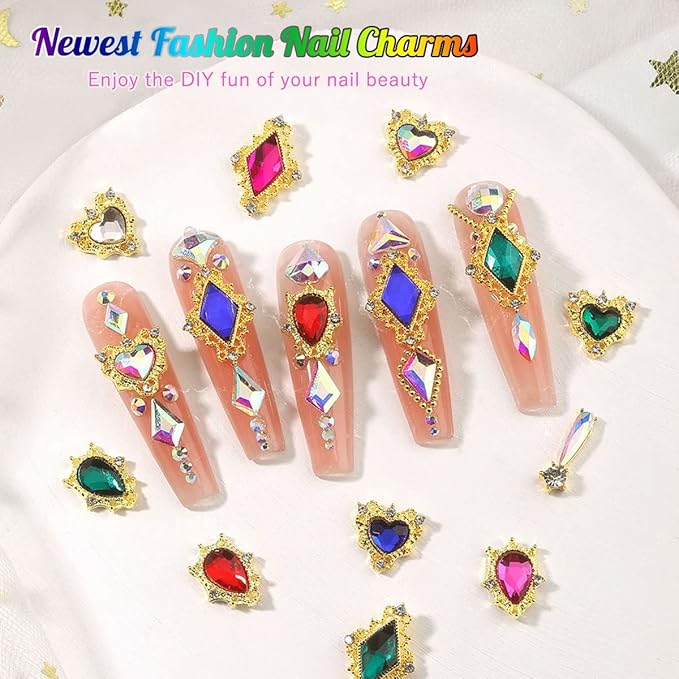 24pcs 6 Styles Emerald Green Nail Charms Big Luxury Nail Rhinestones Heart Gems Crystals Diamonds Jewelry Jewels Stones Nail Art Studs for Arylic Nails DIY Crafts Clothes Shoe Phones Cardmaking