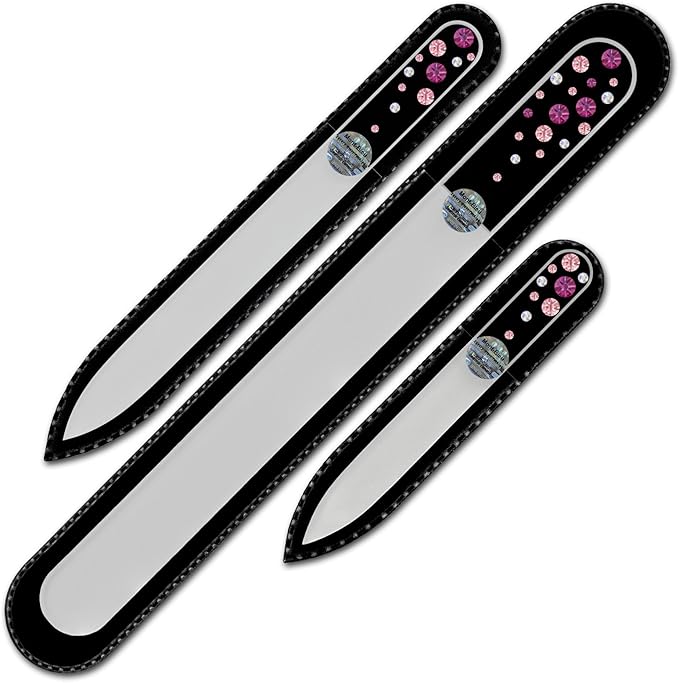 Mont Bleu Set of 3 Glass Nail Files Hand Decorated with Crystals - Handmade - Czech Tempered Glass