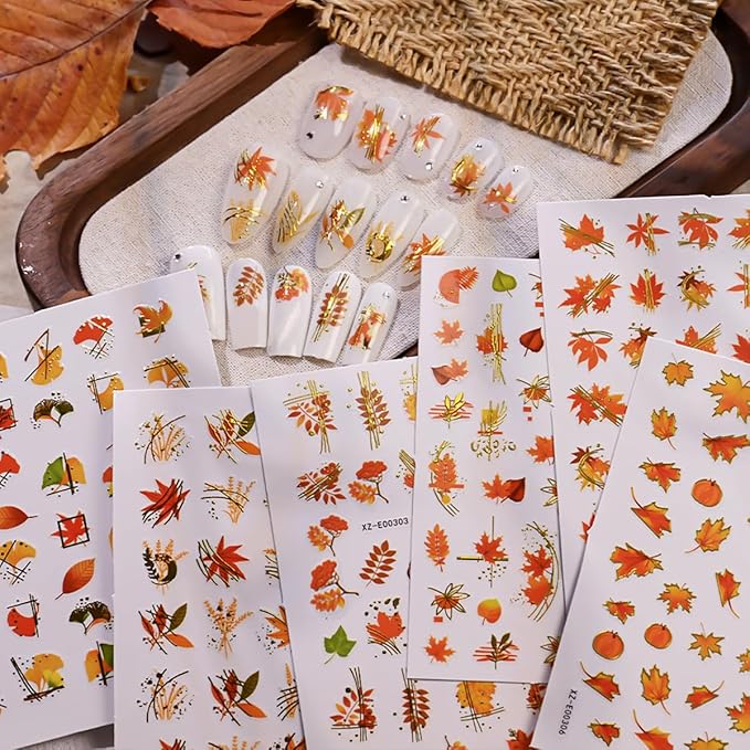 6 Sheets Thanksgiving Day Nail Stickers for Nails Art Fall Nail Decals Self-Adhesive Maple Leaf Nails Art Design Supplies Sticker Acrylic Manicure Tips Decoration Stickers for Women Autumn Nails DIY