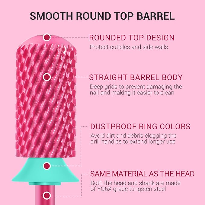 MelodySusie Safety Nail Drill Bits, 3/32'' Smooth Round Top Large Barrel Carbide Bits, Suitable for Manicure Pedicure Cuticle Gel Polishing, Beginners Bits, Pink Blossom, Series Bit-S
