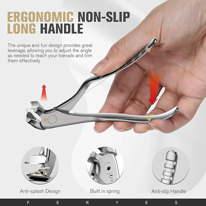 FERYES Ergonomic Non-Slip Long Handle Nail Clippers for Seniors, Unique Angled Head Curve Wide Jaw Opening Toenail Clipper with Catcher for Thick Toenails and Fingernails