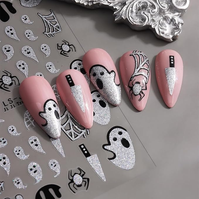 Halloween Nail Art Stickers Decals Glitter Pumpkin Ghost Nail Stickers 6PCS 3D Self-Adhesive Spider Web Spider Knife Ghost Design Halloween Stickers Manicure Supply for Women Holiday DIY Nail Salon