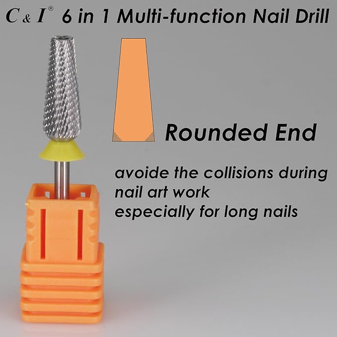 C & I Nail Drill Bit 6 in 1 Multi-function Rounded End E File, Tungsten Steel CNC Overall Cutting, Manicure Tool for Nail Tech Quick Remove Nail Gels, Acrylic Nails (Original, Extra Fine -XF)