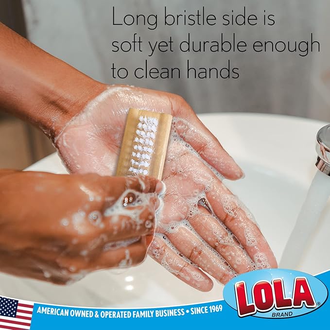LOLA Classic Hand & Nail Wood Brush, 12 Pack, Heavy Duty 2 Sided Soft & Stiff Bristles, Cleans Hands, Fingernails, Feet & Toenails