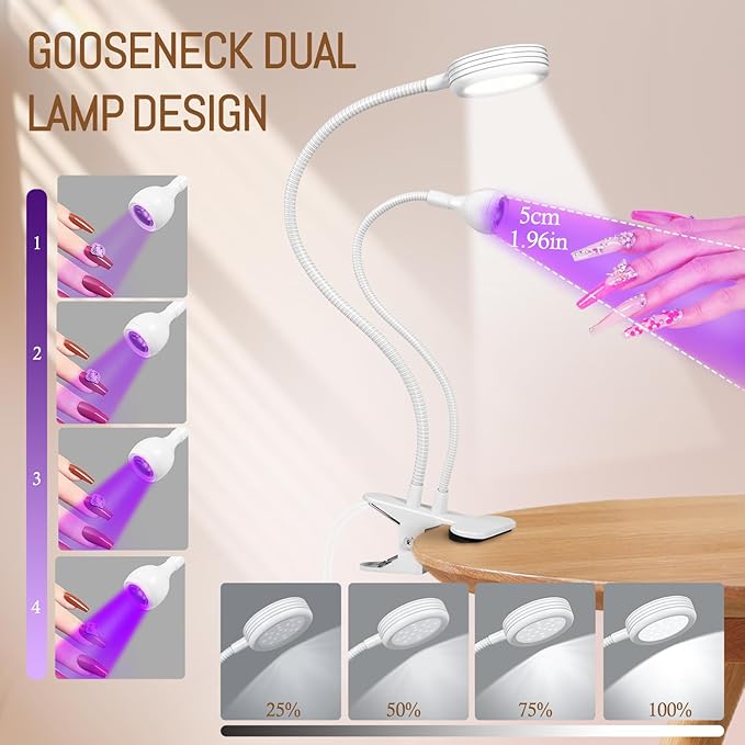 AORAEM LED Nail Lamp Double-Headed UV LED Light Quicky-Dry Duck Neck UV Lamp Dryer Curing Light with Portable Gooseneck and Clamp Flash Cure U V Light for Gel Nails Professional Home DIY Salon White
