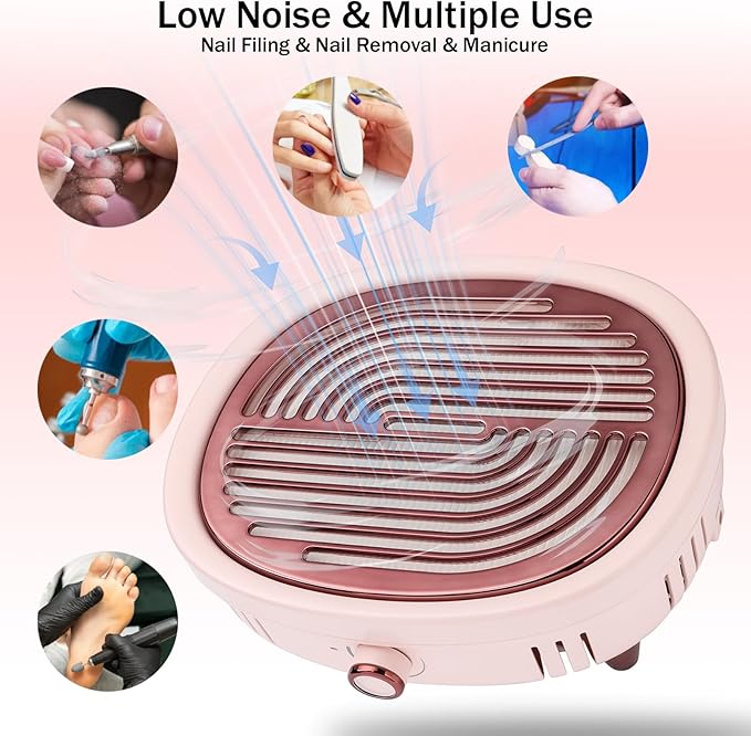 Nail Dust Collector with 2 Reusable Filters Quiet Nail Duster Collector Vacuum Cleaner with Adjustable Suction for Acrylic Nail Powerful Electric Extractor for Salon Home Magnetic Grid (Pink)