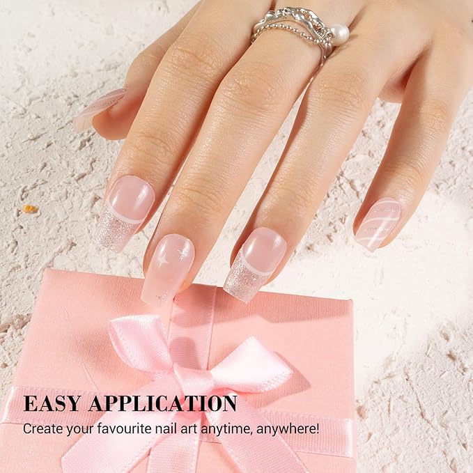 MelodySusie Semi Cured Gel Nail Strips (Glitter French Tips), Works with Nail Lamp, Salon Quality, Long Lasting, Easy to Apply and Remove, Includes 20Pcs, 2 Prep Pads, Nail File and Wooden Stick