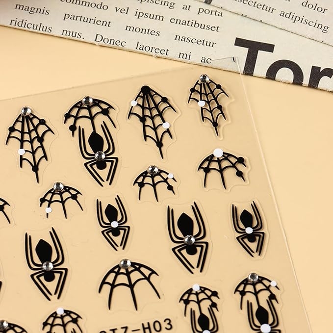 4 Sheets Halloween Nail Stickers for Nail Art, Spider Nail Decals Self Adhesive Black Nail Art Stickers Spider Web Nail Decorations with Rhinestone Halloween Manicure Supplies for Women and Girls
