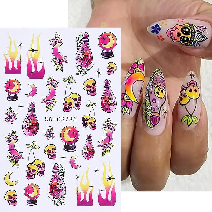 5 Pcs Halloween Nail Art Stickers,3D Self-Adhesive Nail Decals Spider Webs Cute Ghost with Designs Skull Pumpkin Nail Decorations Halloween DIY Manicure Supplies for Women Girls