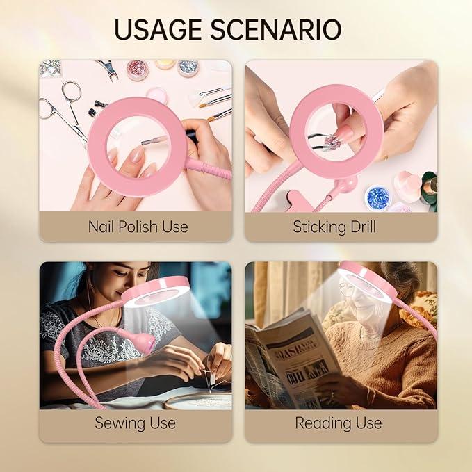 AORAEM LED UV Nail Lamp: Double-Headed Gooseneck U V Lamp for Gel Nails, LED Flash Cure Light with 6X Magnifier Home DIY Salon, Pink