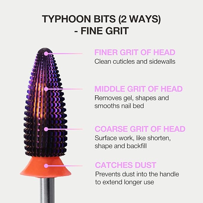 Curacoro Nail Drill Bits 3/32'' - Typhoon Bits, 2 Way, Carbide Bit (Fine) for Gently Removal of Gel Polish, Buffing to Smooth & Shiny Nails, Precise & Easy Control, Nail Art Salon & Home