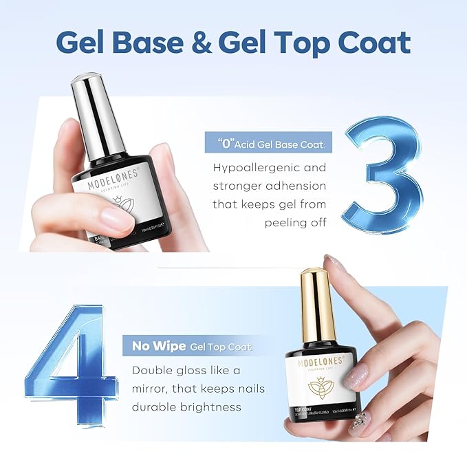modelones Nail Dehydrator and Primer with Gel Base & Top Coat Set, Acid Free Acrylic Supplies Primer Glossy Gel Nail Polish Top Coat