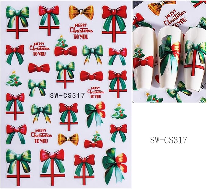 4 Sheets Christmas Nail Stickers for Nail Art WLGDLH 3D Self Adhesive Red Green Bow Nail Art Stickers Light Ball Gift Nail Decals Xmas Tree Nail Supplies for Women DIY Christmas Decorations