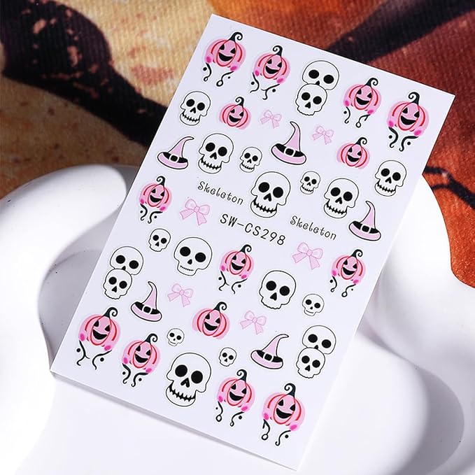Halloween Nail Art Stickers 3D Bat Spider Web Halloween Nail Decals Self-Adhesive Nail Art Supplies 6PCS Pink Pumpkin Skull Butterfly Skeleton Design Holiday Nail Stickers for Women DIY Nail Salon