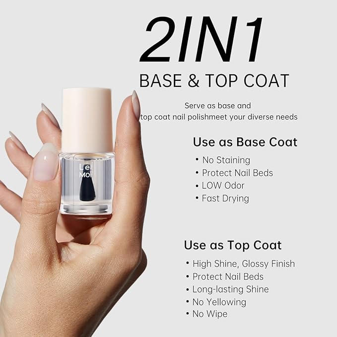 2 in 1 Base Coat Top Coat Nail Polish, Clear Quick Dry Nail Lacquer Color Base Protection High Shine Long Lasting Glossy Fast Air Dry Nail Polish-8.5ML