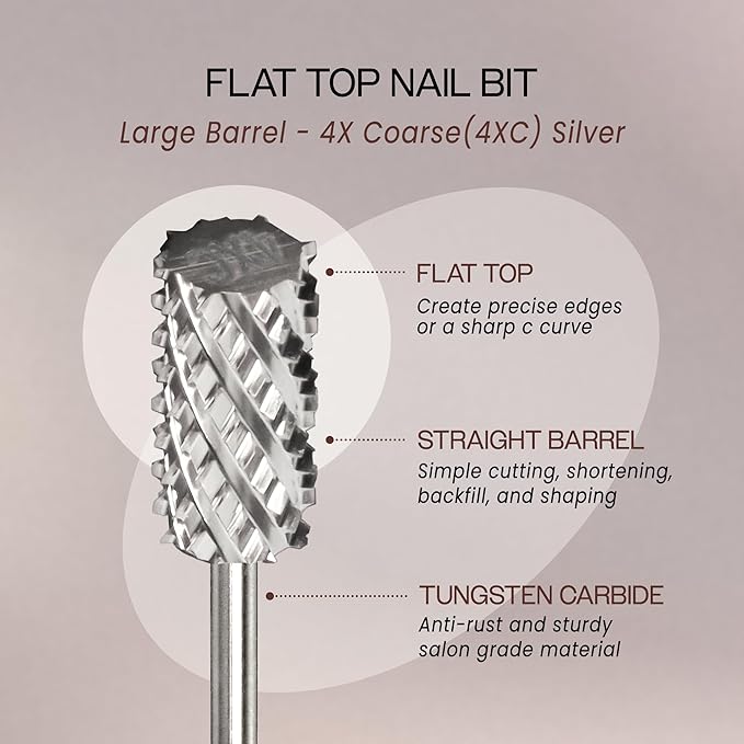 PANA Flat Top Large Barrel 3/32" Shank Size - (Silver, 4X Coarse Grit) - Fast remove Acrylic or Hard Gel Nail Drill Bit for Manicure Pedicure Salon Professional or Beginner