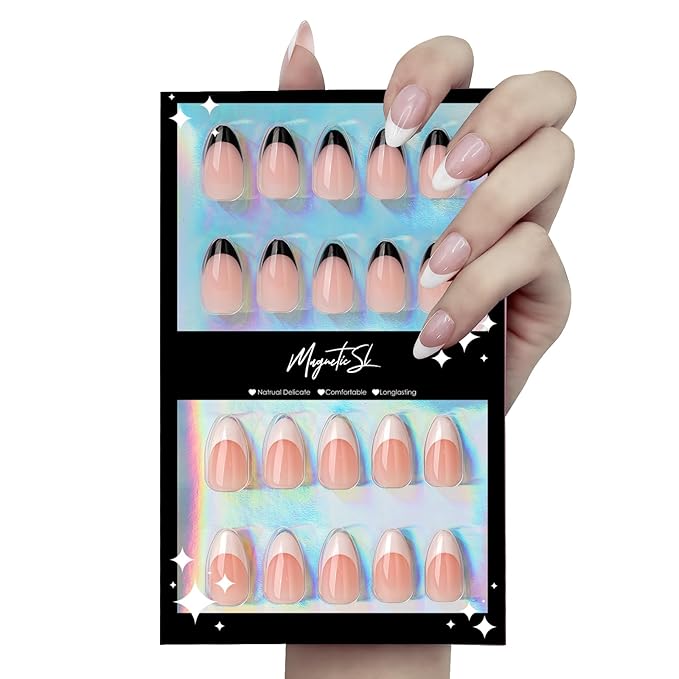 64PCS Press On Nails Black & White French Tip- Short Almond Shape with Classic Accents | Dual-Color Fake Nails for Women | Reusable, Chip-Free Nail Kit with Complete Tools