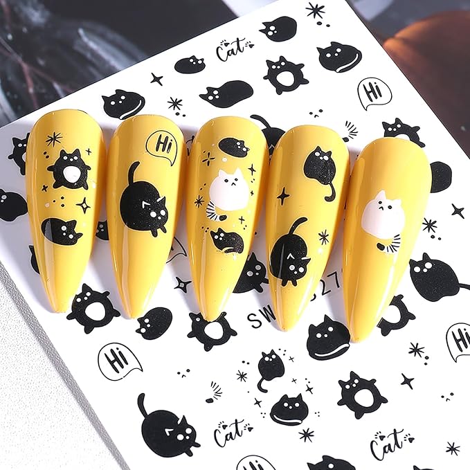 4 Sheets Halloween Nail Stickers Flower and Horror Cat Nail Art Stickers Skeleton Design Nail Decals Halloween Decoration Manicure DIY for Women