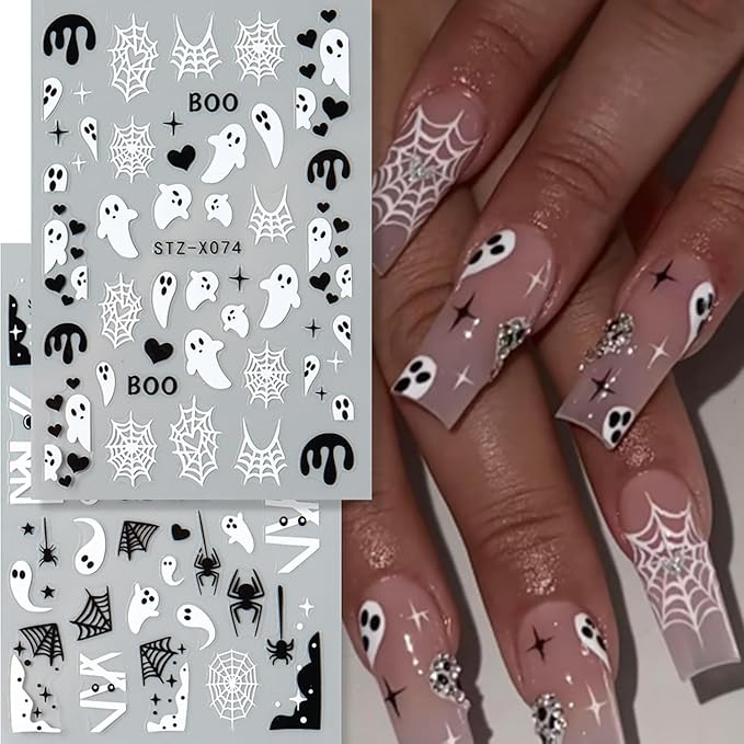 6 Sheets Halloween Nail Art Stickers 3D Self Adhesive Cute Nail Stickers Halloween Nail Art Decals Ghost Spider Web Butterfly Heart Nails Design Manicure Decorations for Women DIY Nail Supplies
